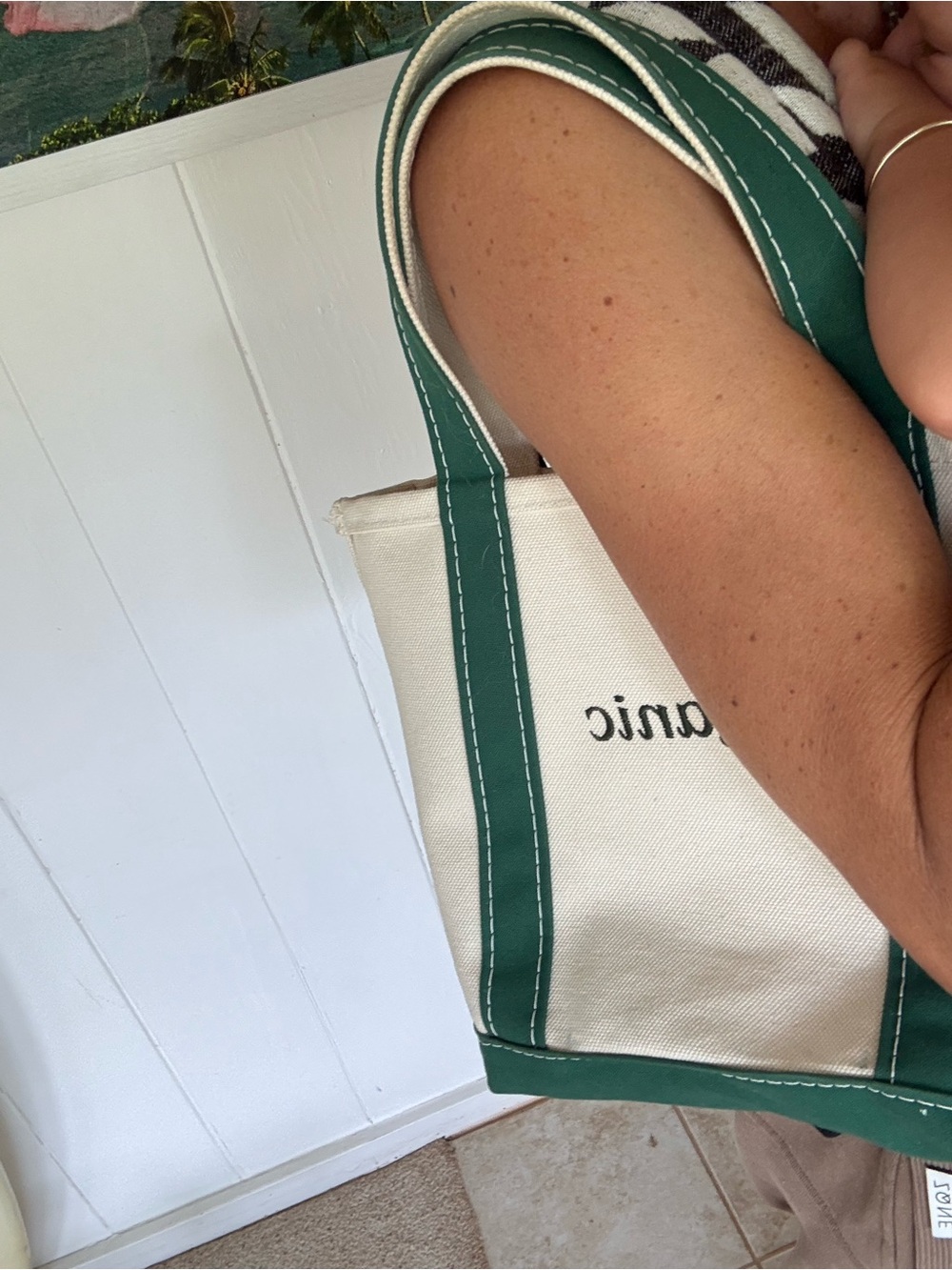L.L. Bean Natural Canvas Boat Tote with Green Trim